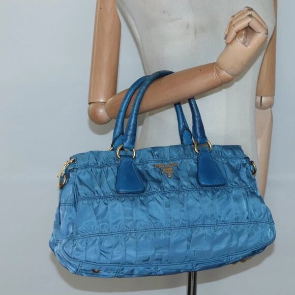 PRADA Tote Bag Nylon Blue Gold Auth - Picture 1 of 15